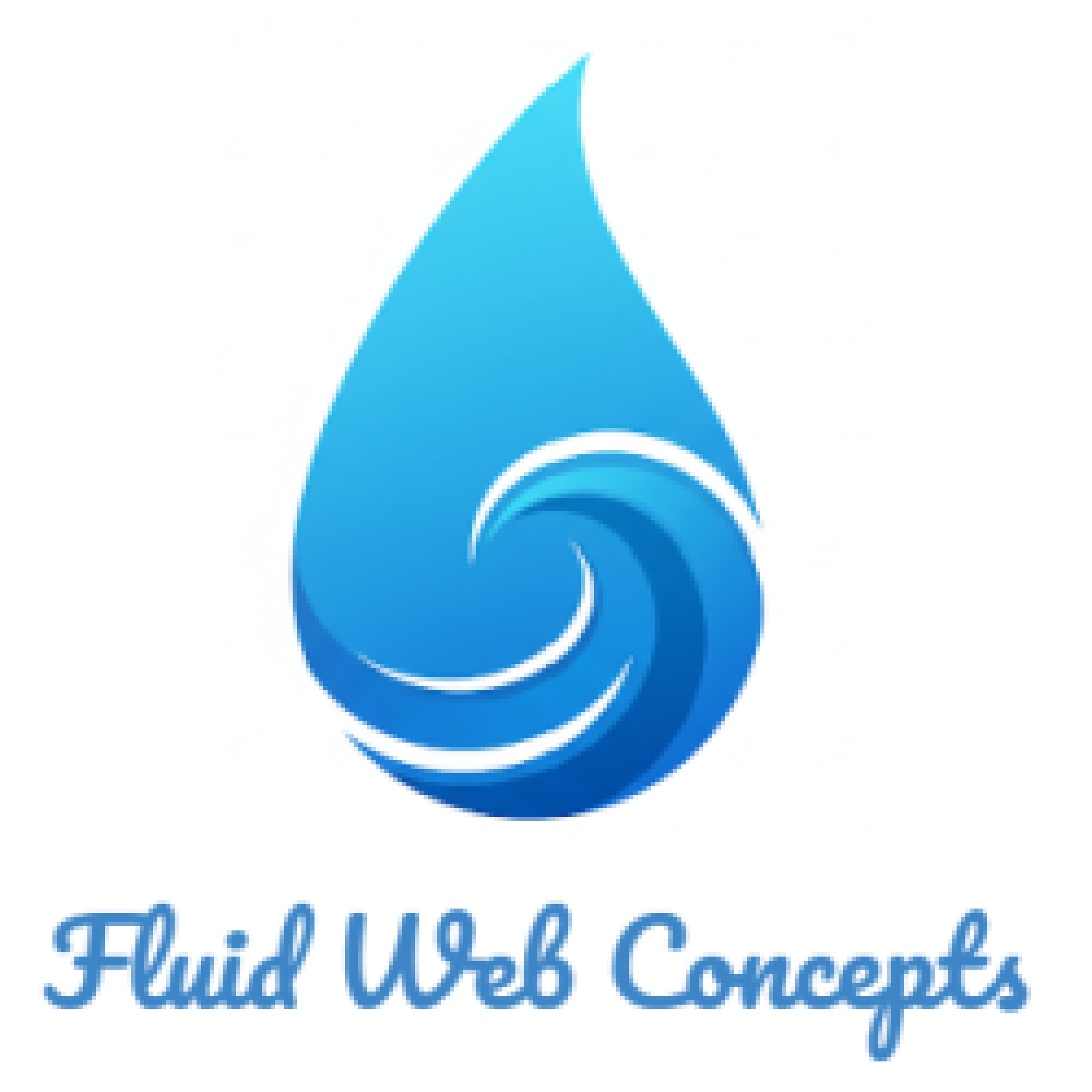 A tear drop with a wave inside. Fluid Web Concepts is written in 28px Pacifico Font available in Google Docs.